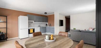 A contemporary open-plan kitchen and dining area with modern minimalist design elements in a stylish apartment.