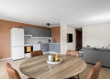 A contemporary open-plan kitchen and dining area with modern minimalist design elements in a stylish apartment.